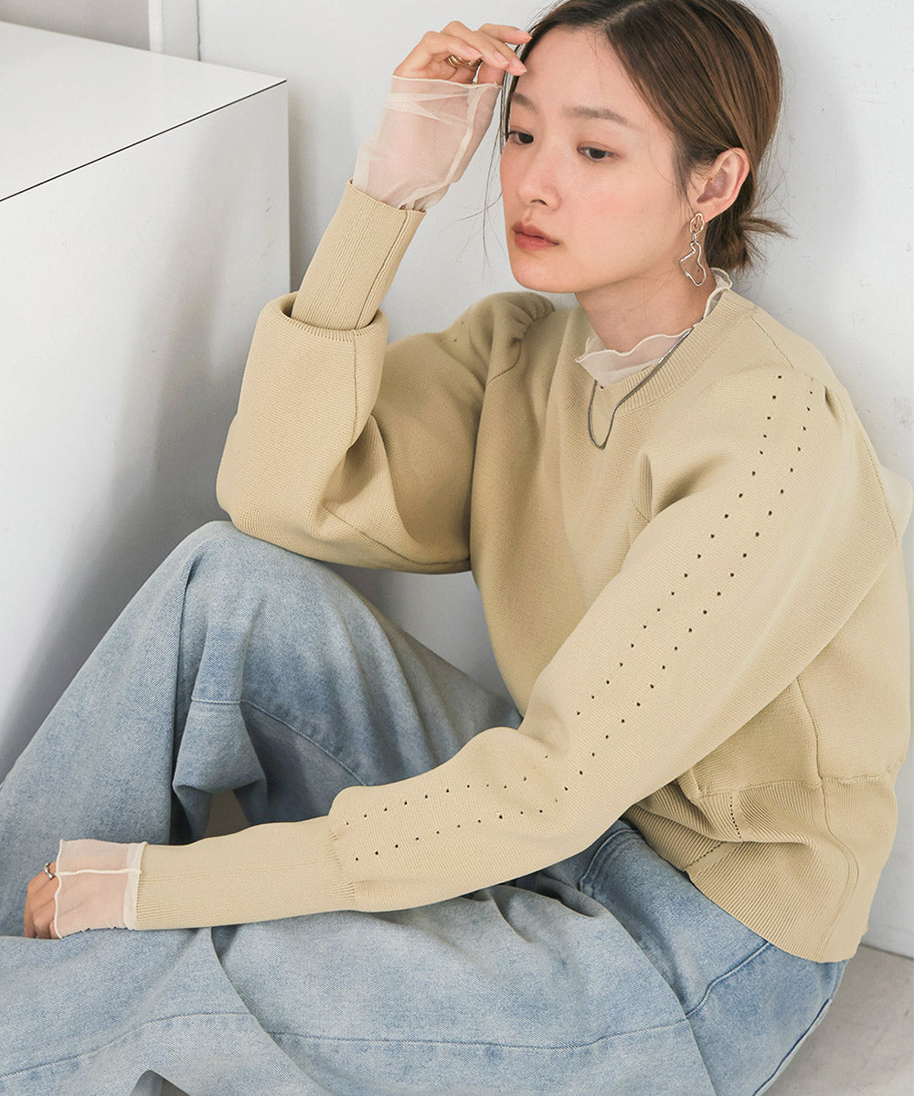 SWEAT-LIKE WAIST SWITCHING KNIT TOPS