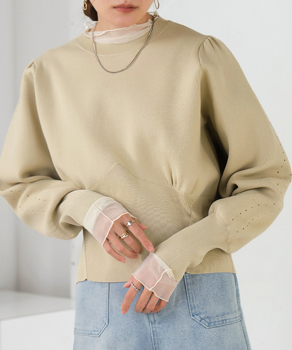 SWEAT-LIKE WAIST SWITCHING KNIT TOPS