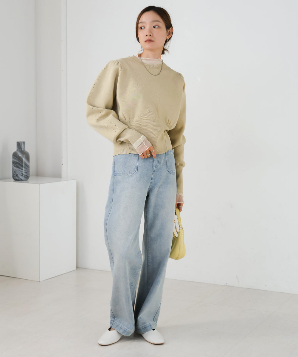 SWEAT-LIKE WAIST SWITCHING KNIT TOPS