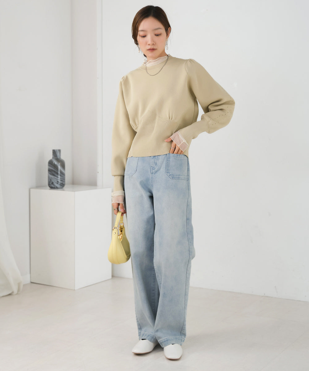 SWEAT-LIKE WAIST SWITCHING KNIT TOPS