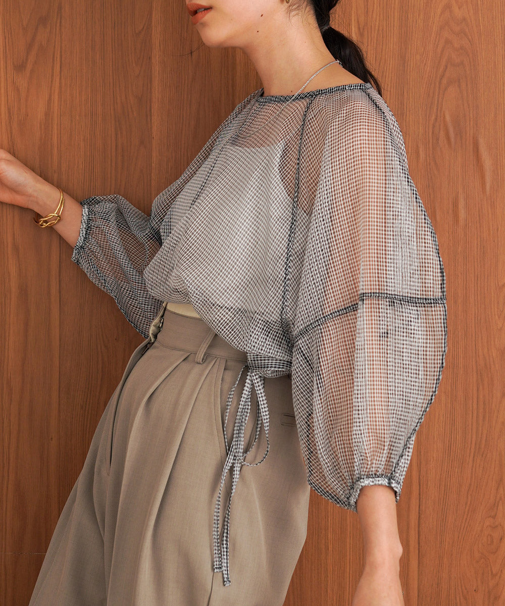 SHEER CHECK LANTERN SLEEVE BLOUSE