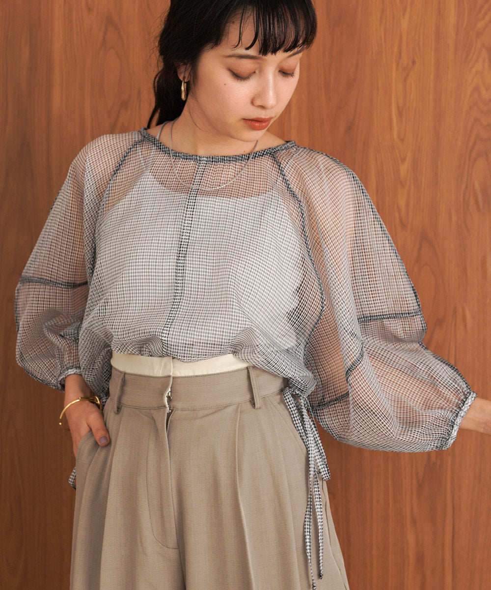 SHEER CHECK LANTERN SLEEVE BLOUSE