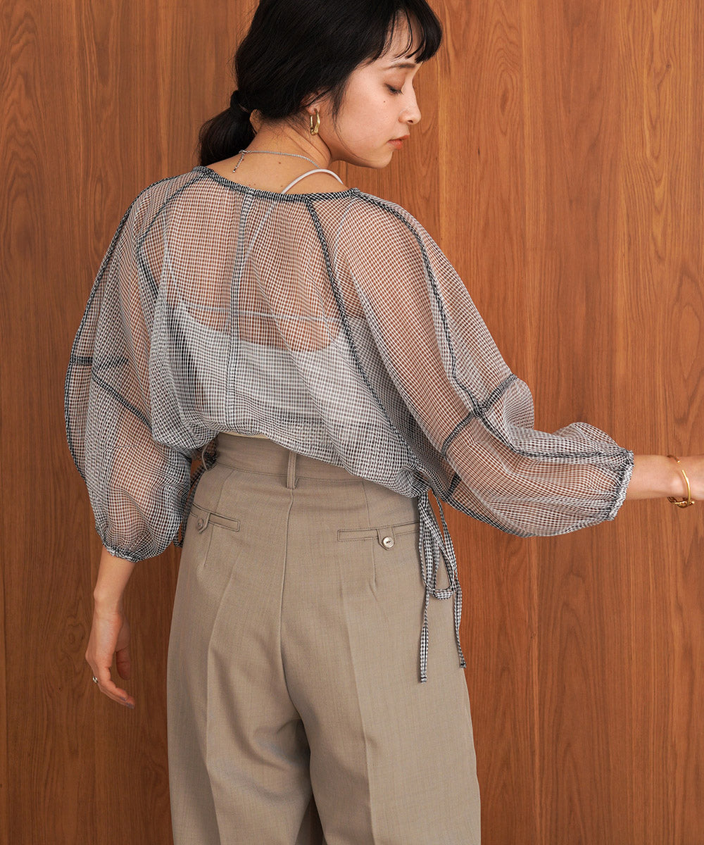 SHEER CHECK LANTERN SLEEVE BLOUSE