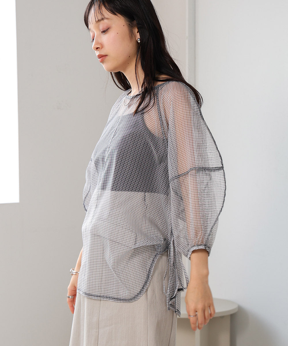 SHEER CHECK LANTERN SLEEVE BLOUSE