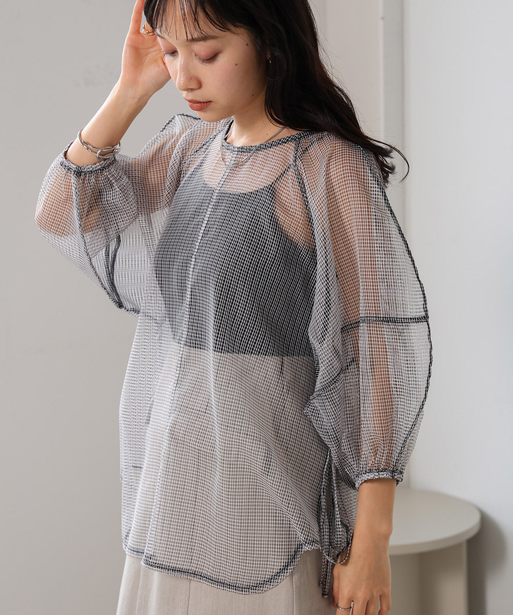 SHEER CHECK LANTERN SLEEVE BLOUSE