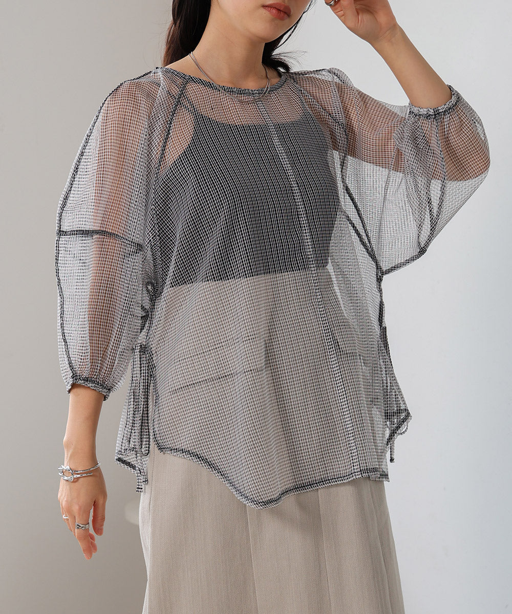 SHEER CHECK LANTERN SLEEVE BLOUSE