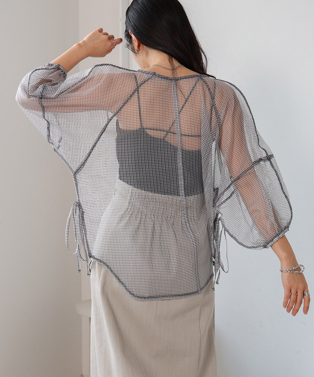 SHEER CHECK LANTERN SLEEVE BLOUSE