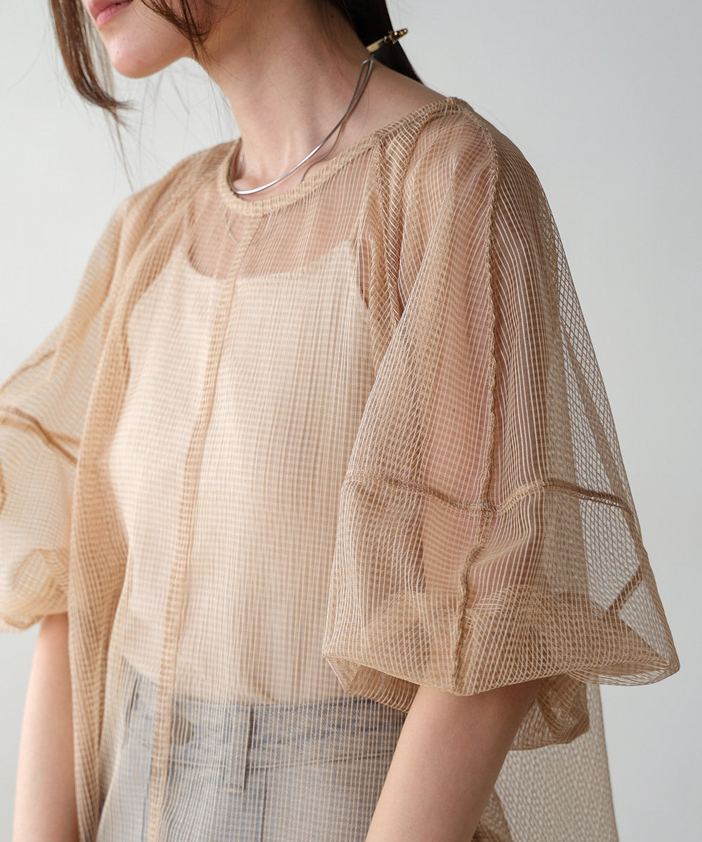 SHEER CHECK LANTERN SLEEVE BLOUSE