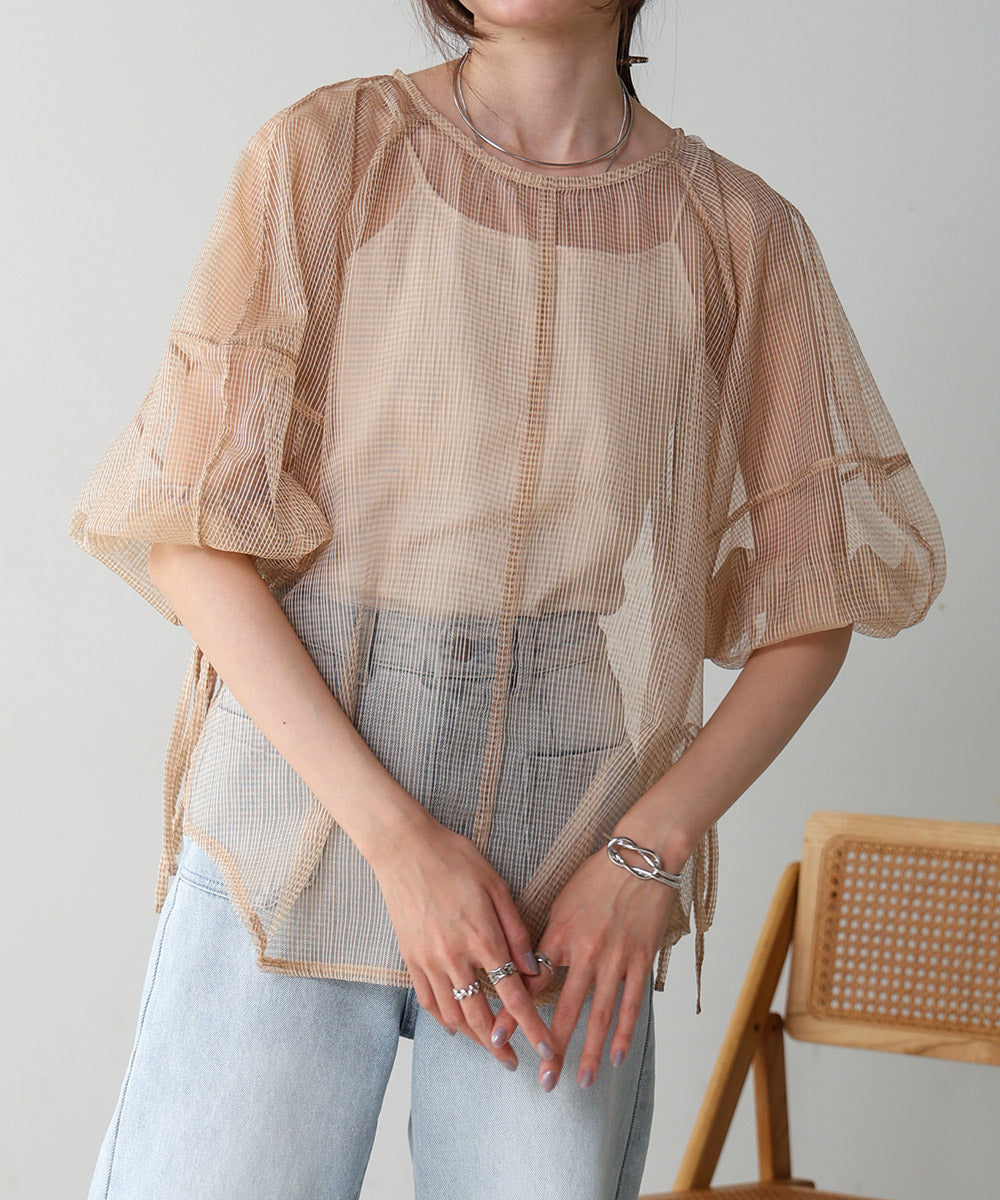 SHEER CHECK LANTERN SLEEVE BLOUSE