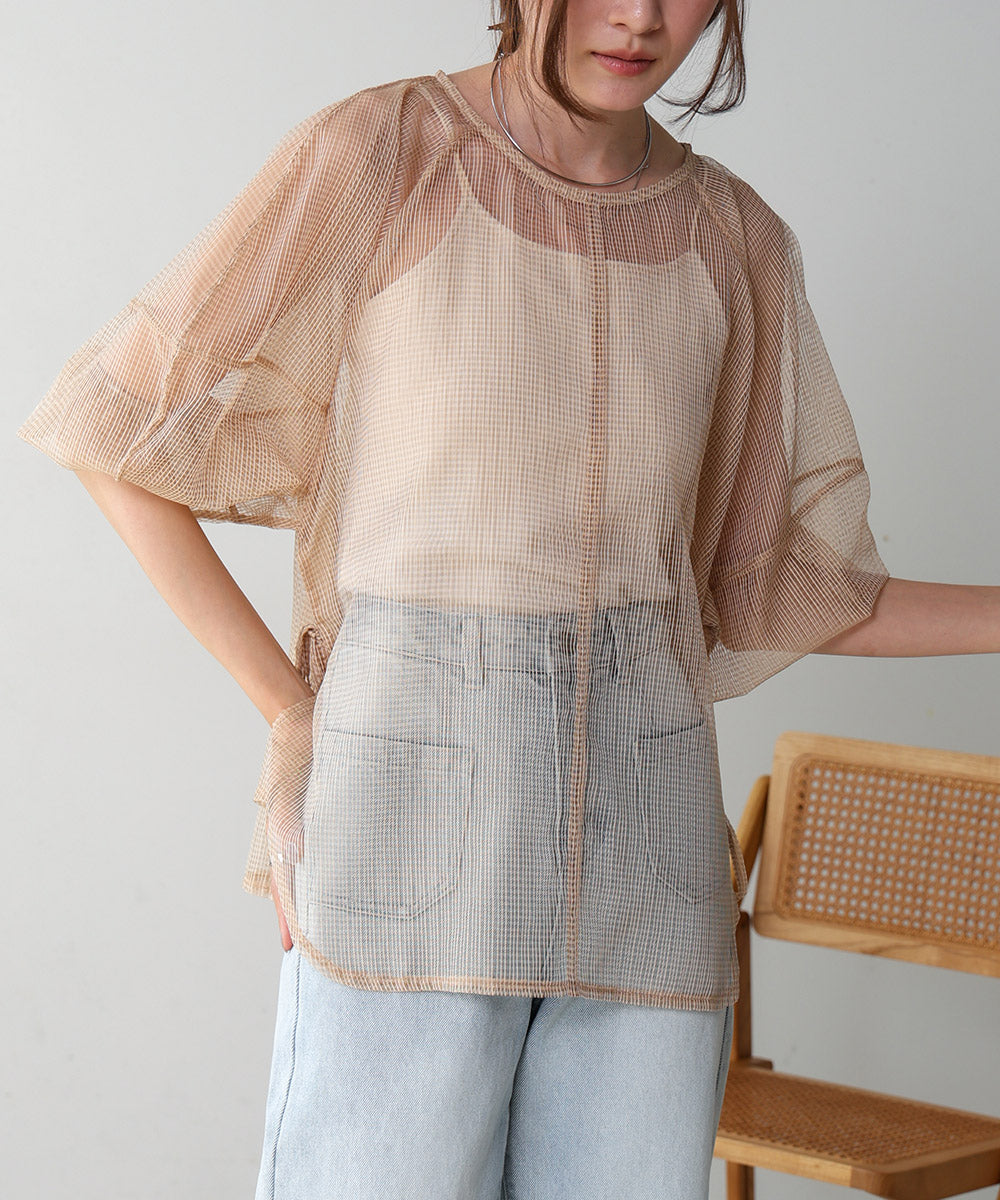 SHEER CHECK LANTERN SLEEVE BLOUSE