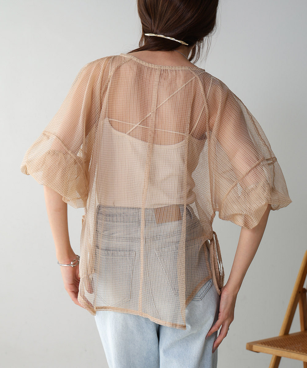 SHEER CHECK LANTERN SLEEVE BLOUSE