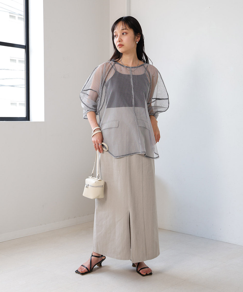 SHEER CHECK LANTERN SLEEVE BLOUSE