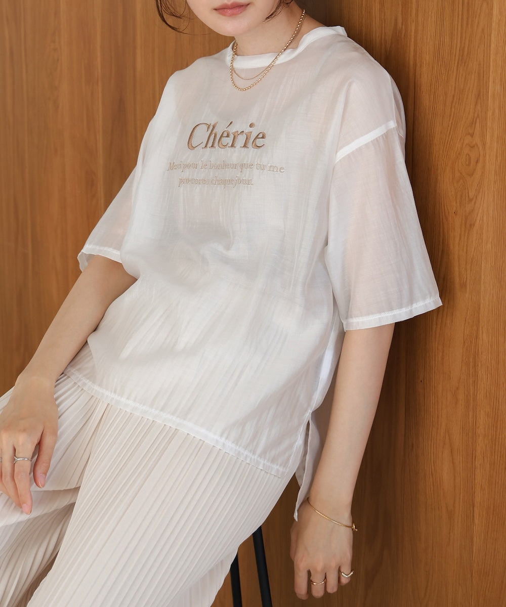 embroidered logo sheer blouse t-shirt