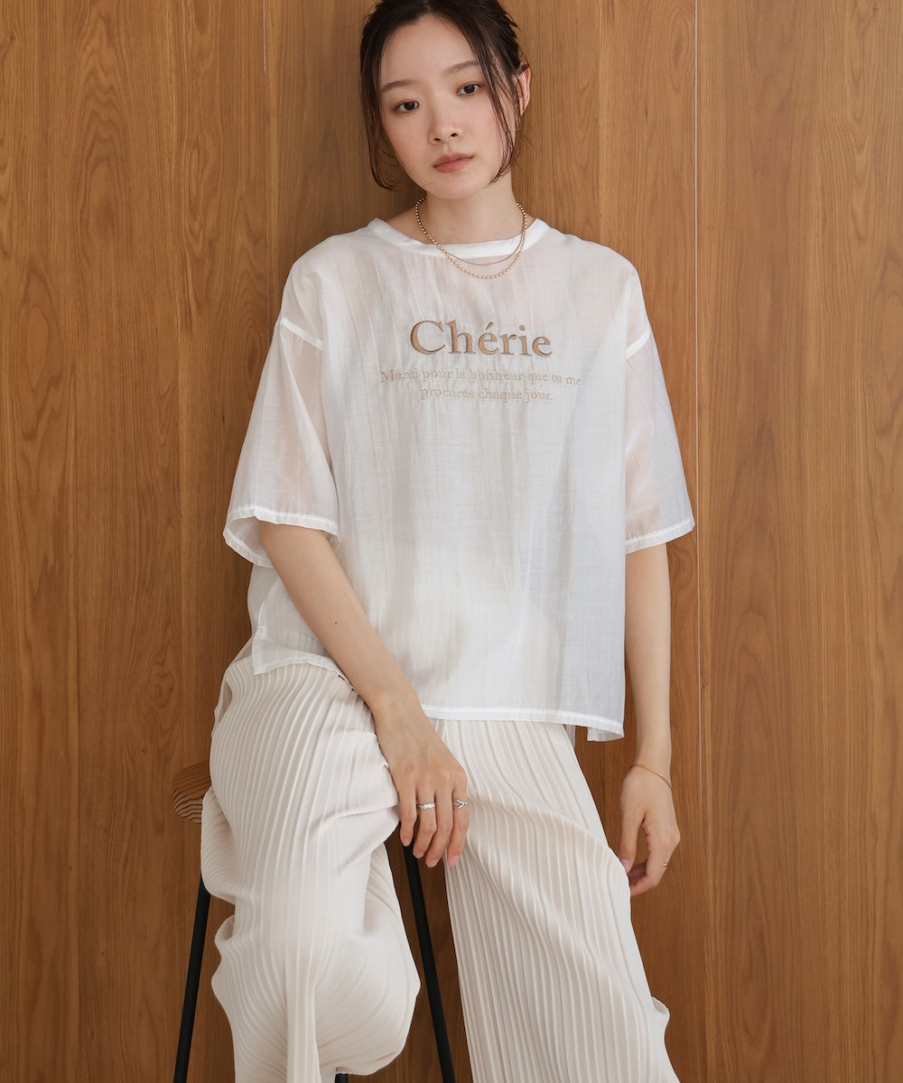 embroidered logo sheer blouse t-shirt