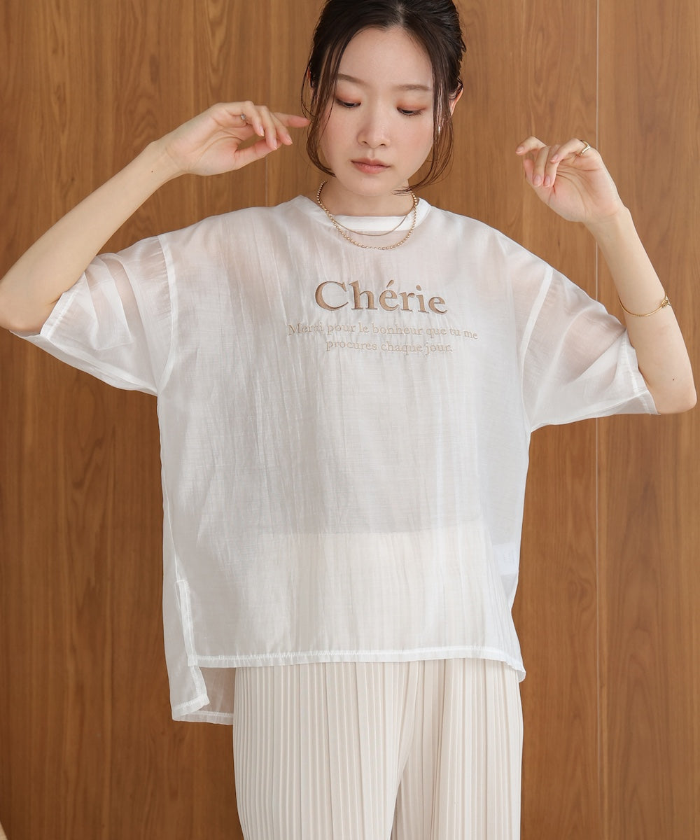 embroidered logo sheer blouse t-shirt