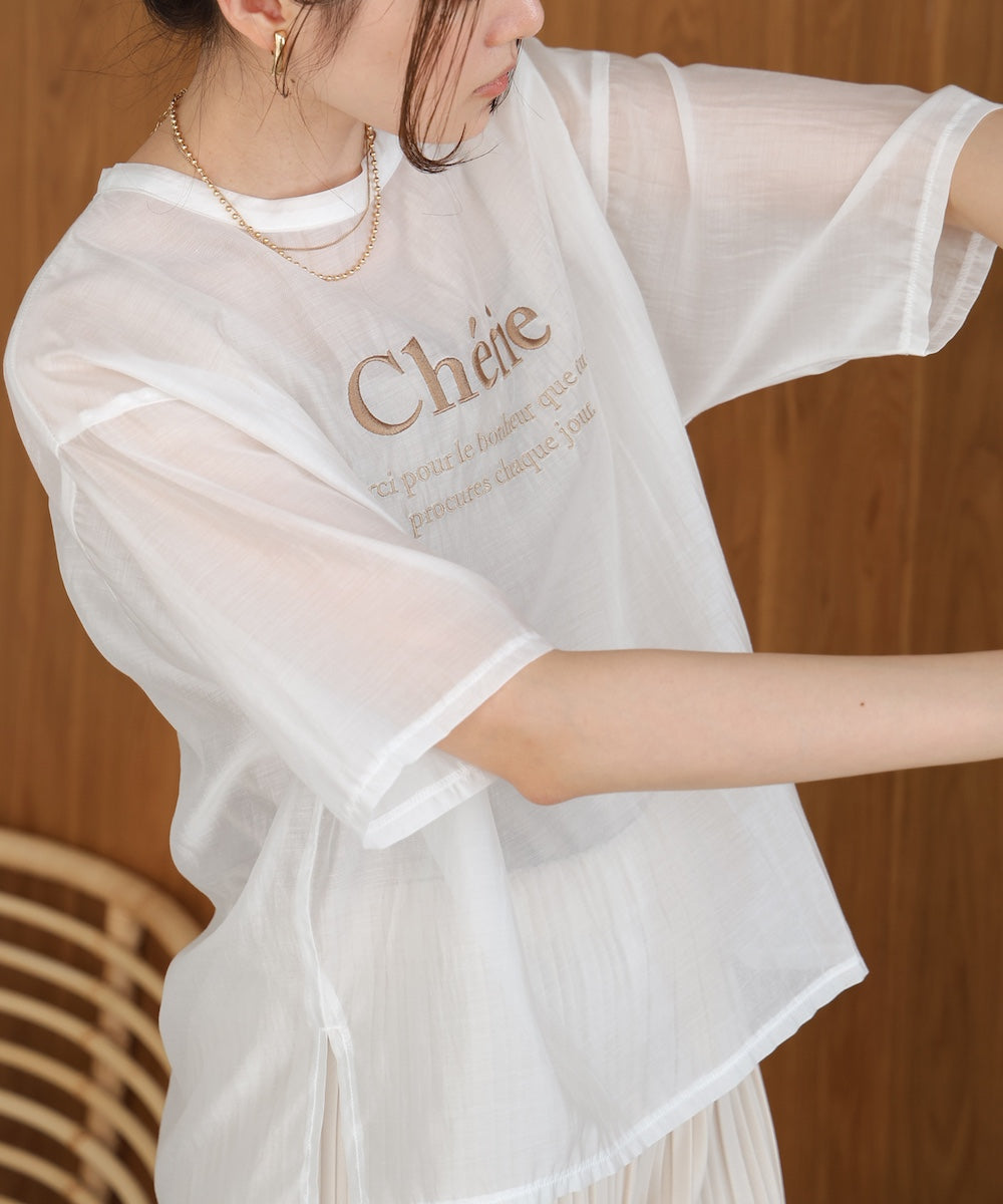 embroidered logo sheer blouse t-shirt