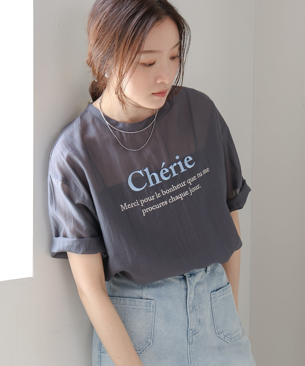 embroidered logo sheer blouse t-shirt