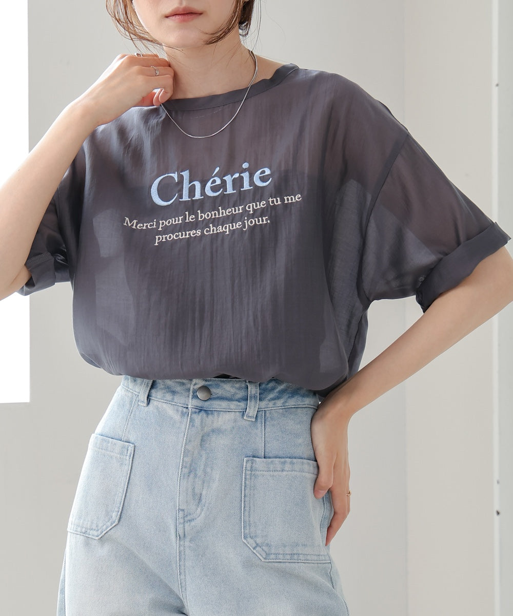 embroidered logo sheer blouse t-shirt