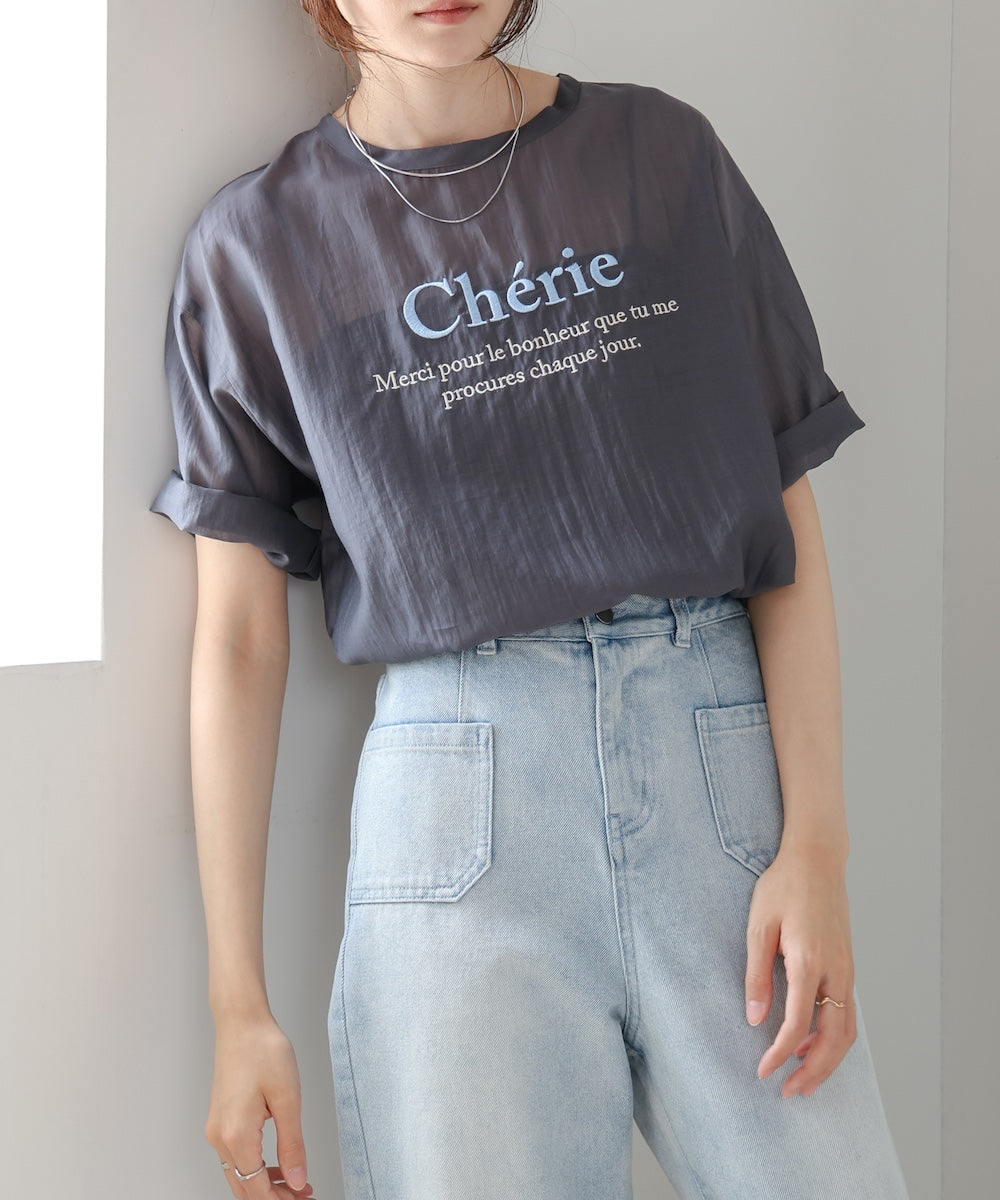 embroidered logo sheer blouse t-shirt