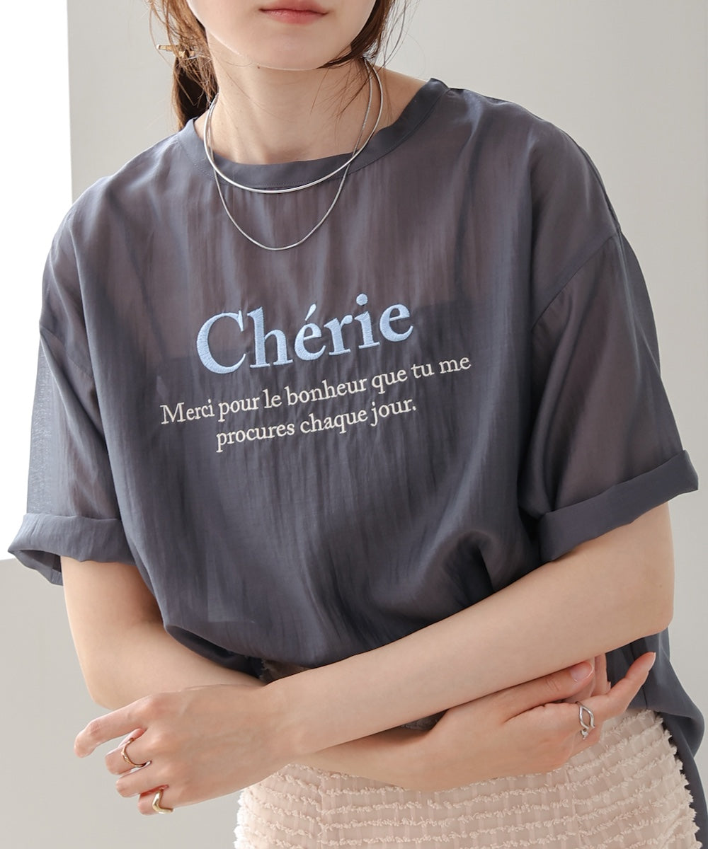 embroidered logo sheer blouse t-shirt