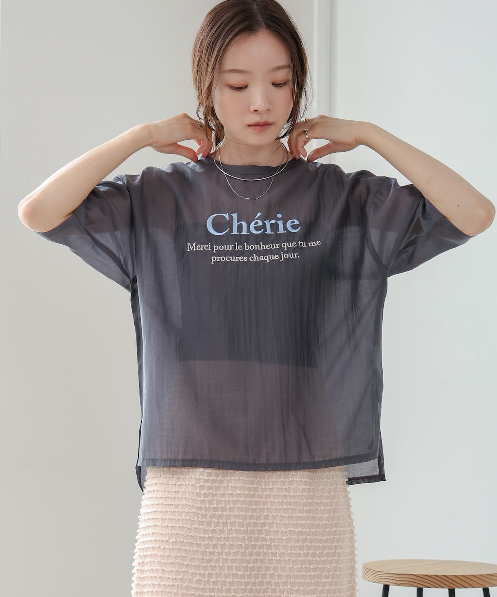 embroidered logo sheer blouse t-shirt