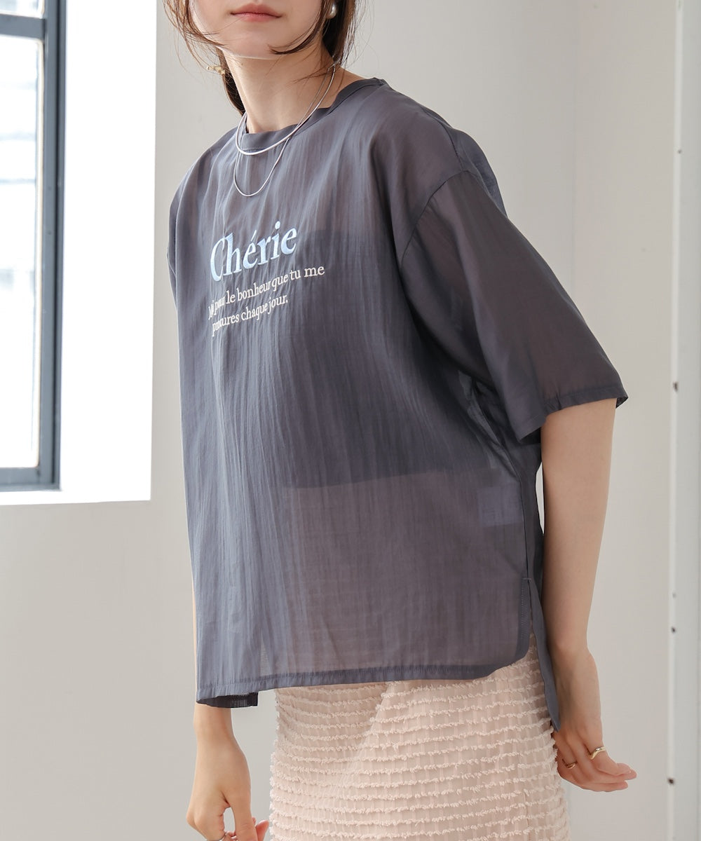 embroidered logo sheer blouse t-shirt