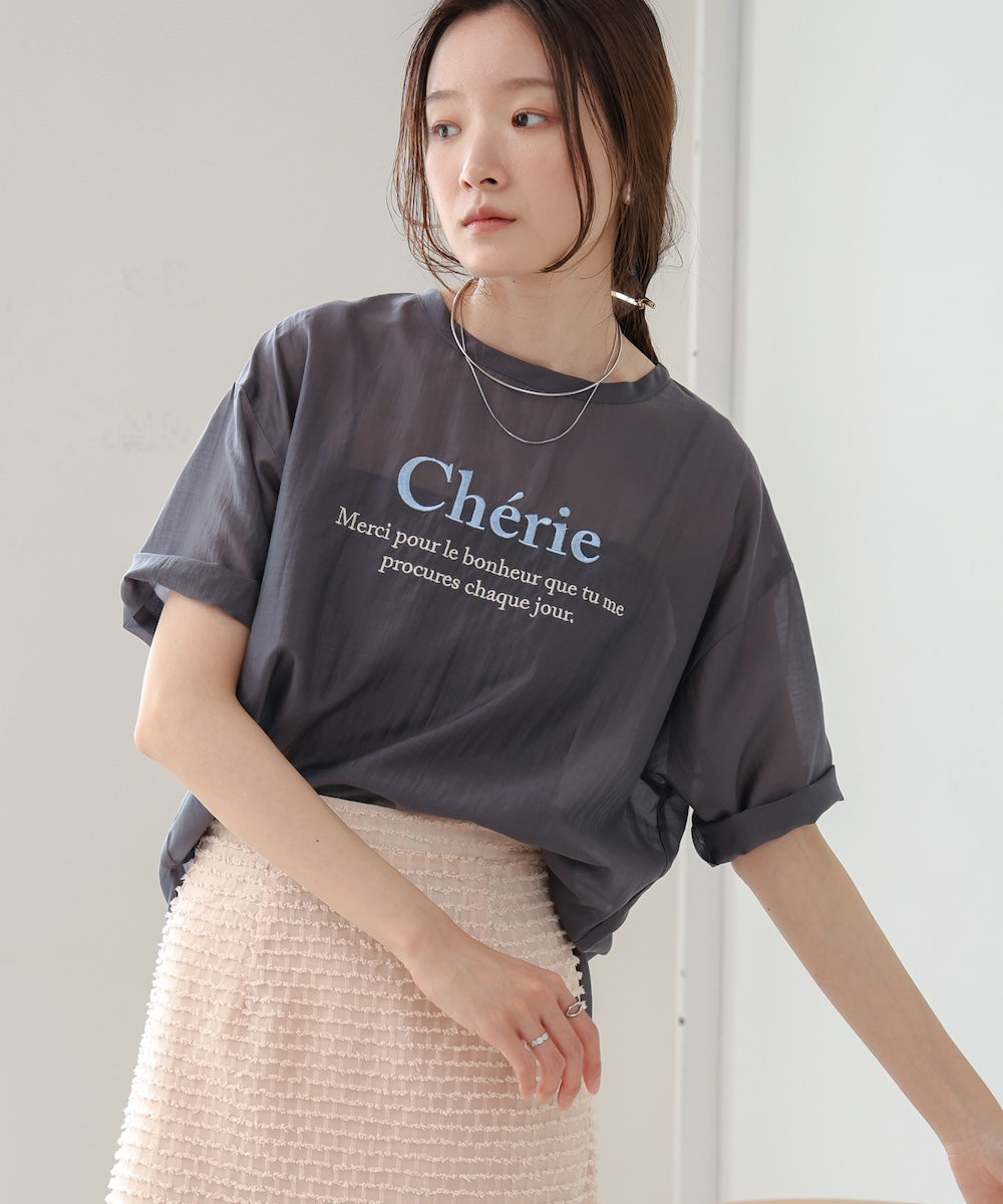 embroidered logo sheer blouse t-shirt