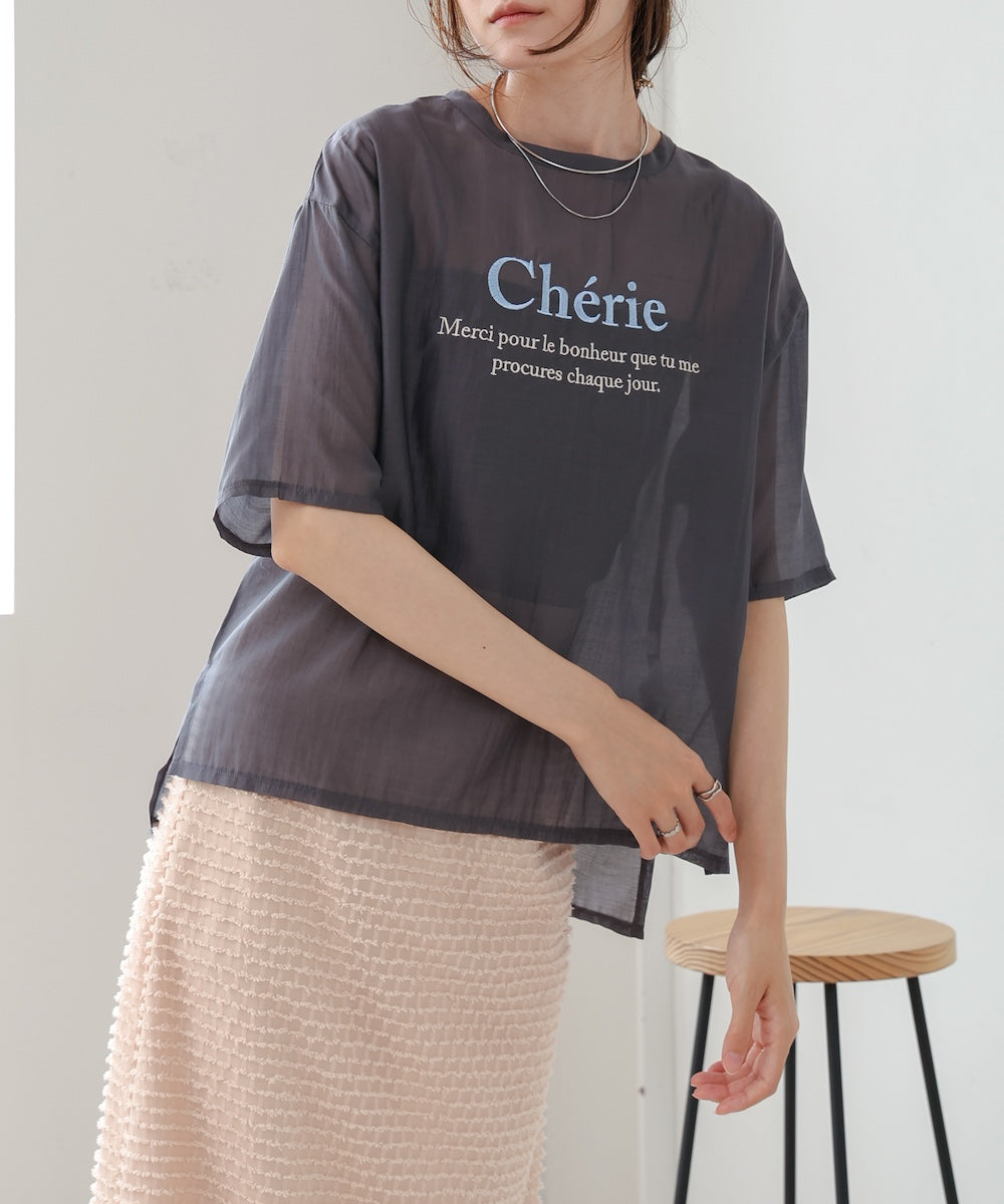 embroidered logo sheer blouse t-shirt