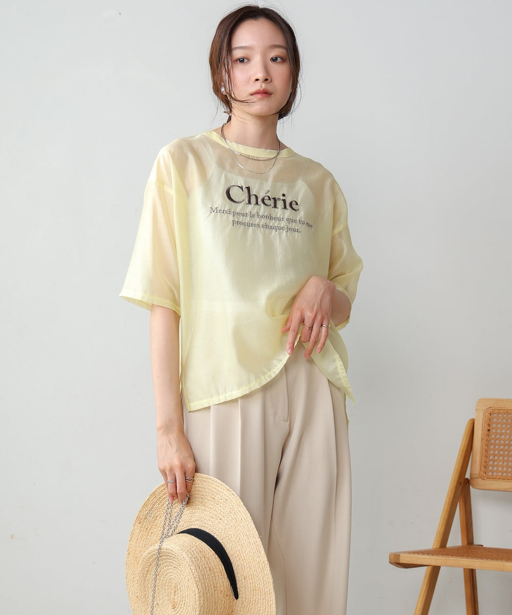 embroidered logo sheer blouse t-shirt