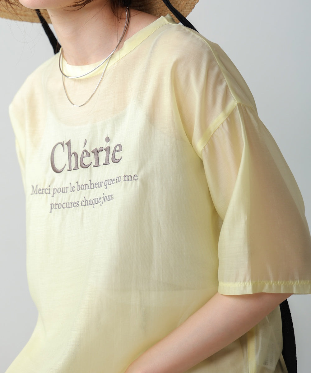 embroidered logo sheer blouse t-shirt