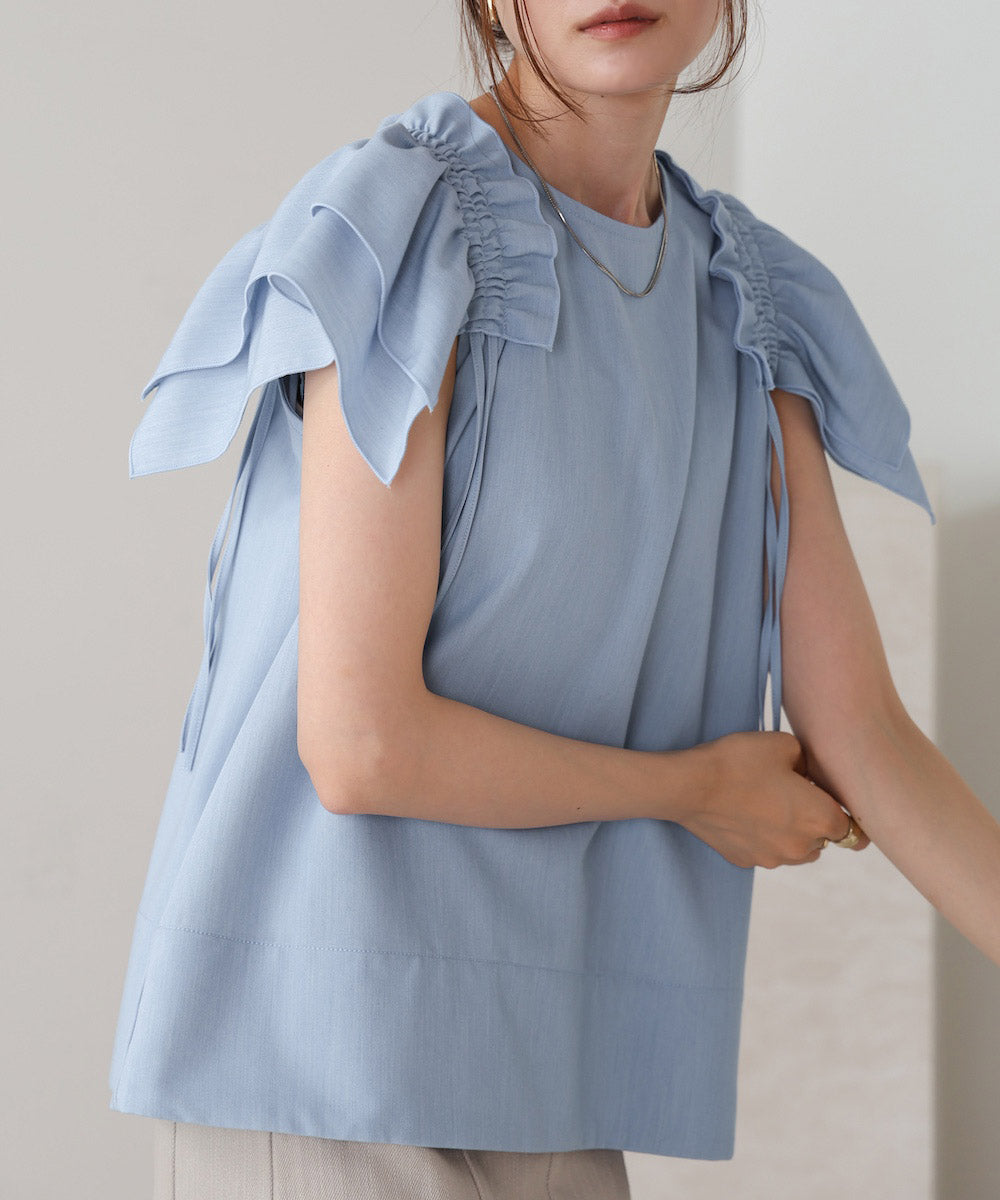 denim-like gathered blouse